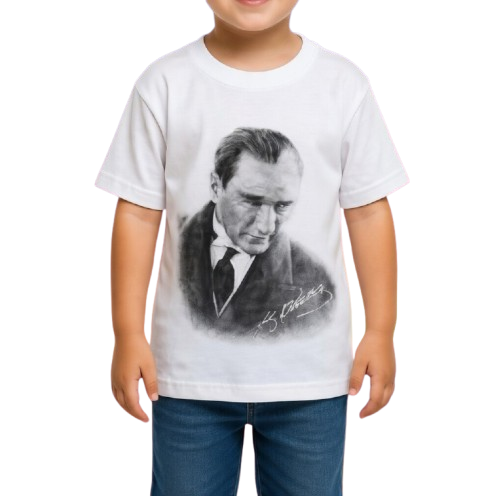 Beyaz Atatürk Tişört — %100 pamuk çocuk tişörtü, okul töreni için