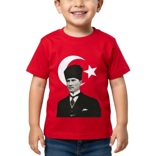 Kalpaklı Atatürk Tişört — %100 pamuk çocuk tişörtü, okul töreni için