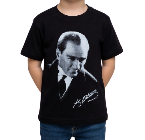 Siyah Atatürk Tişört — %100 pamuk çocuk tişörtü, okul töreni için